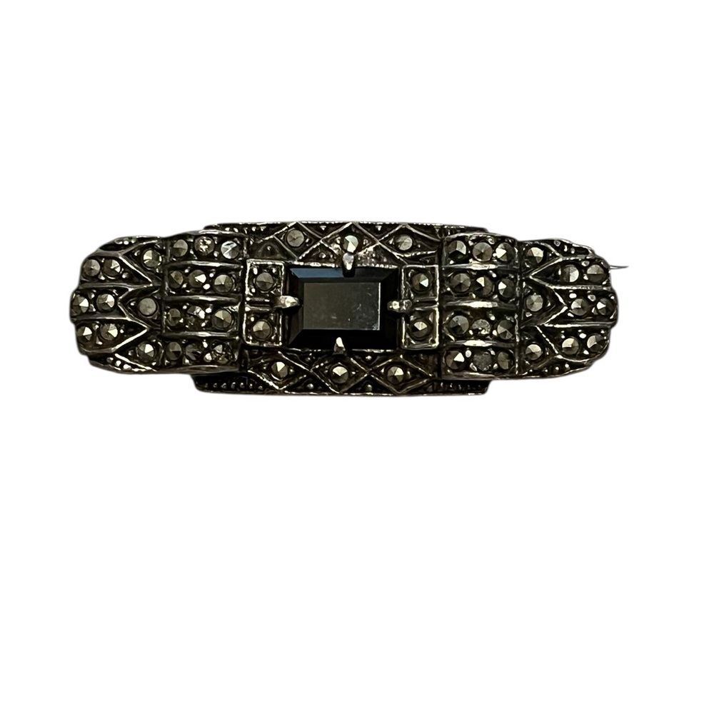 Vintage Art Deco sterling silver Marcasite bar brooch with black onyx